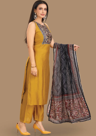 Mustard Dola Silk Straight Cut Suit