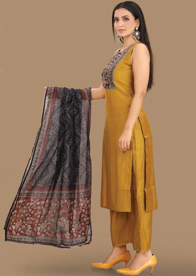 Mustard Dola Silk Straight Cut Suit