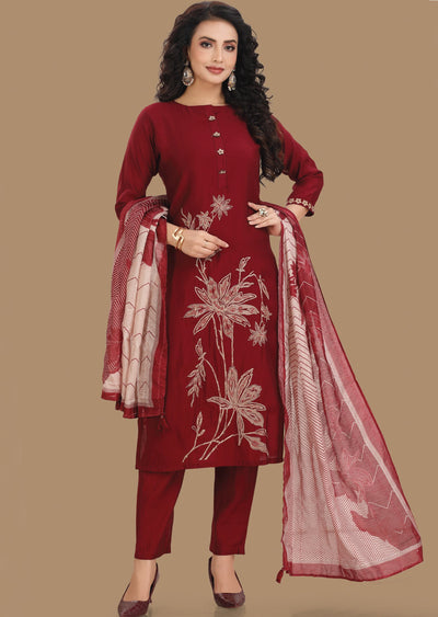 Maroon Muslin Straight Cut Suit