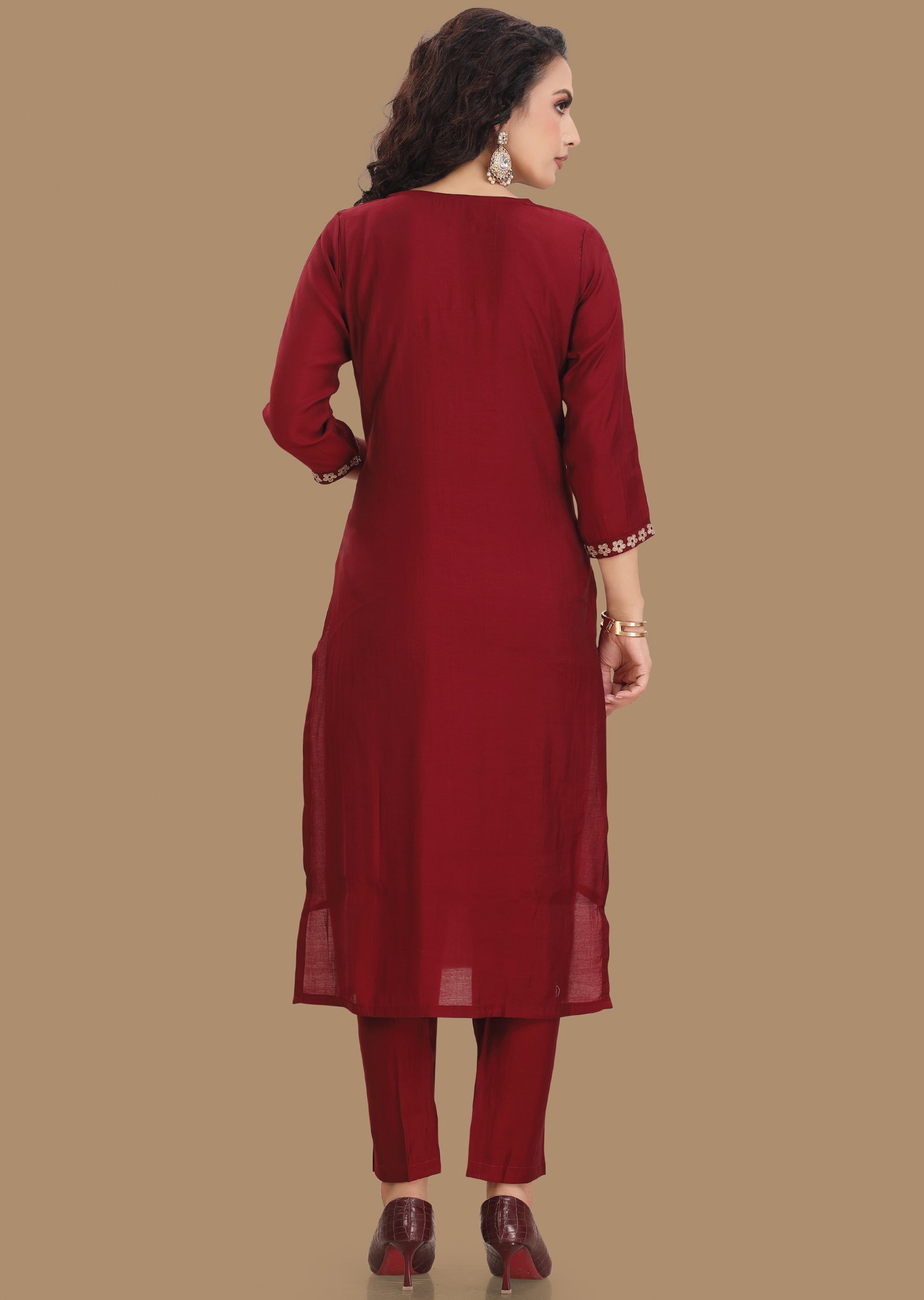 Maroon Muslin Straight Cut Suit