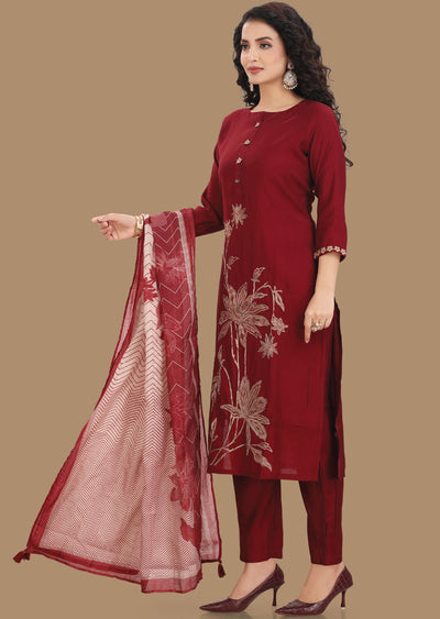 Maroon Muslin Straight Cut Suit