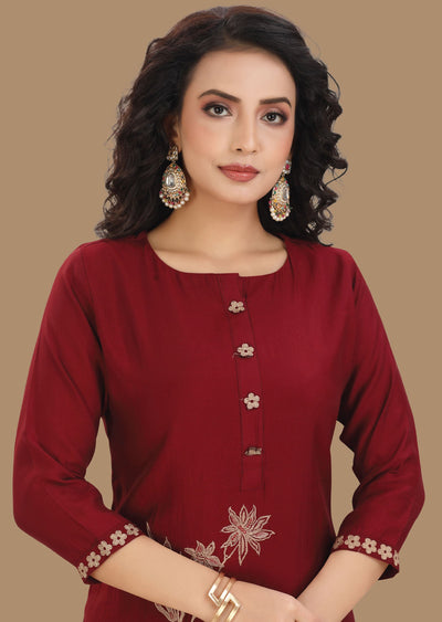 Maroon Muslin Straight Cut Suit