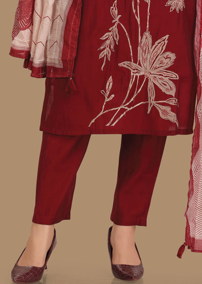 Maroon Muslin Straight Cut Suit