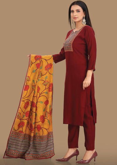 Maroon Russian Silk Straight Cut Suit