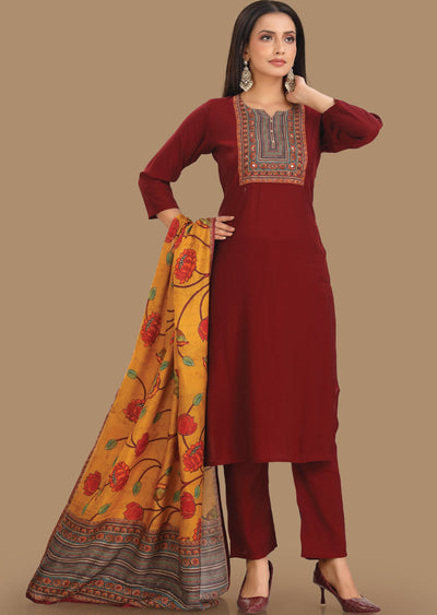 Maroon Russian Silk Straight Cut Suit