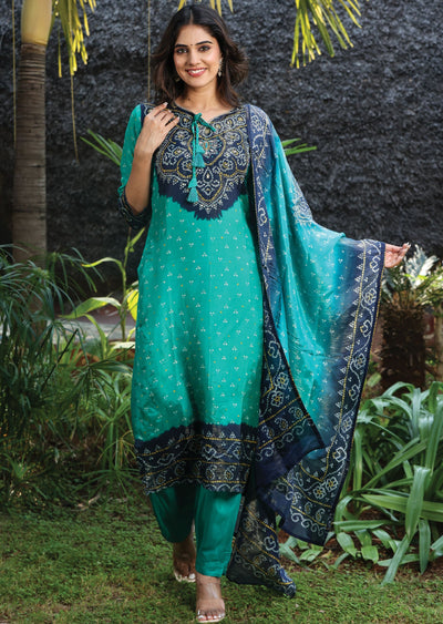 Green & Navy Blue Tissue Silk Straight Cut Suit