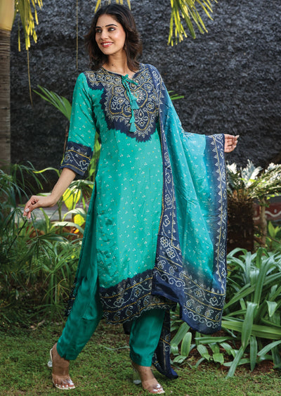 Green & Navy Blue Tissue Silk Straight Cut Suit