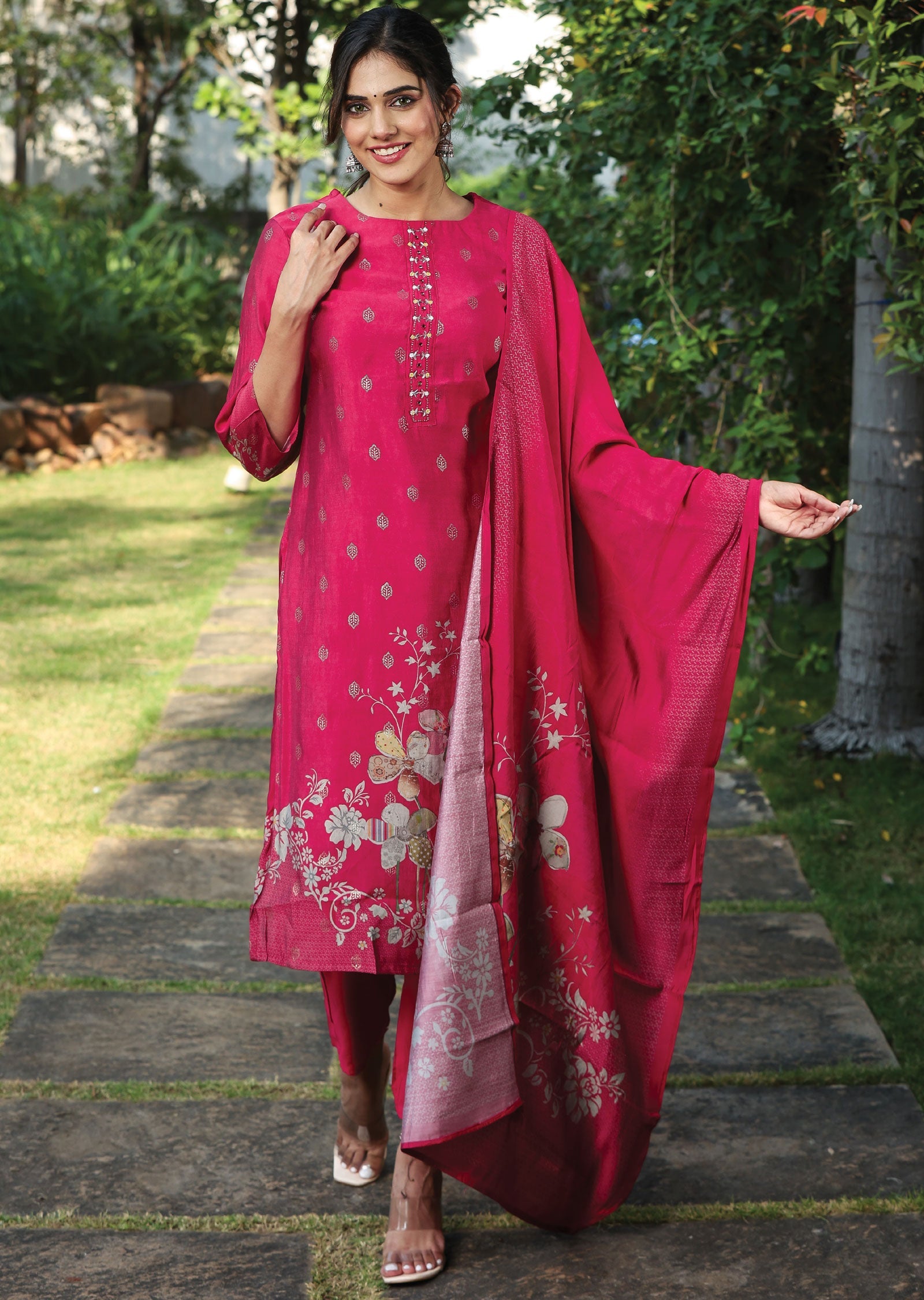 Red Muslin Straight Cut Suit