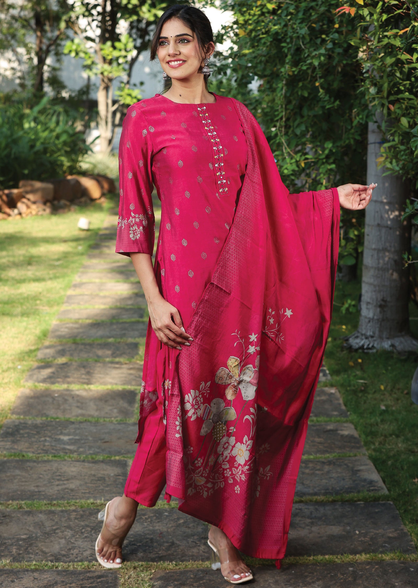 Red Muslin Straight Cut Suit