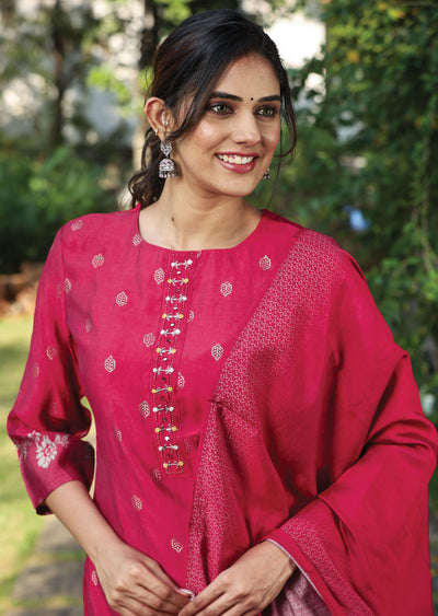 Red Muslin Straight Cut Suit