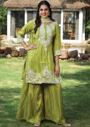 Lime Green Tissue Silk Straight Cut Suit