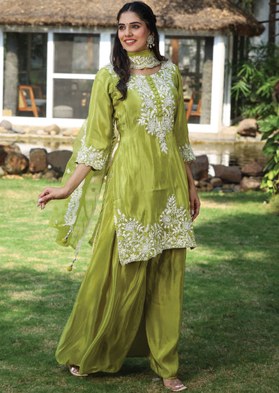 Lime Green Tissue Silk Straight Cut Suit