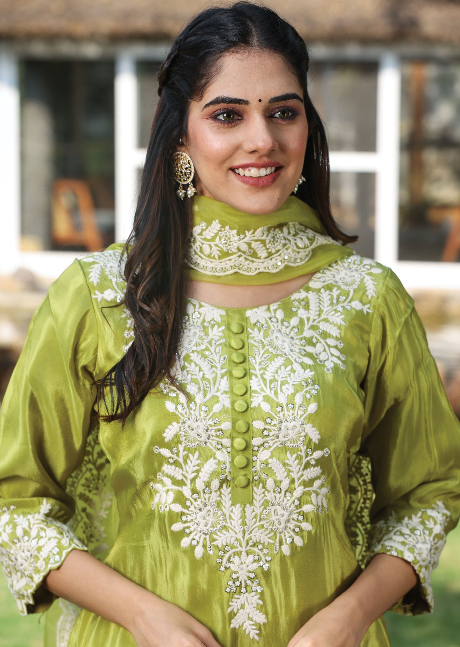 Lime Green Tissue Silk Straight Cut Suit