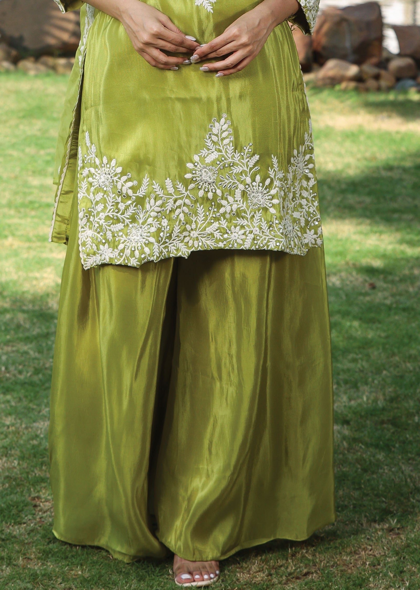 Lime Green Tissue Silk Straight Cut Suit