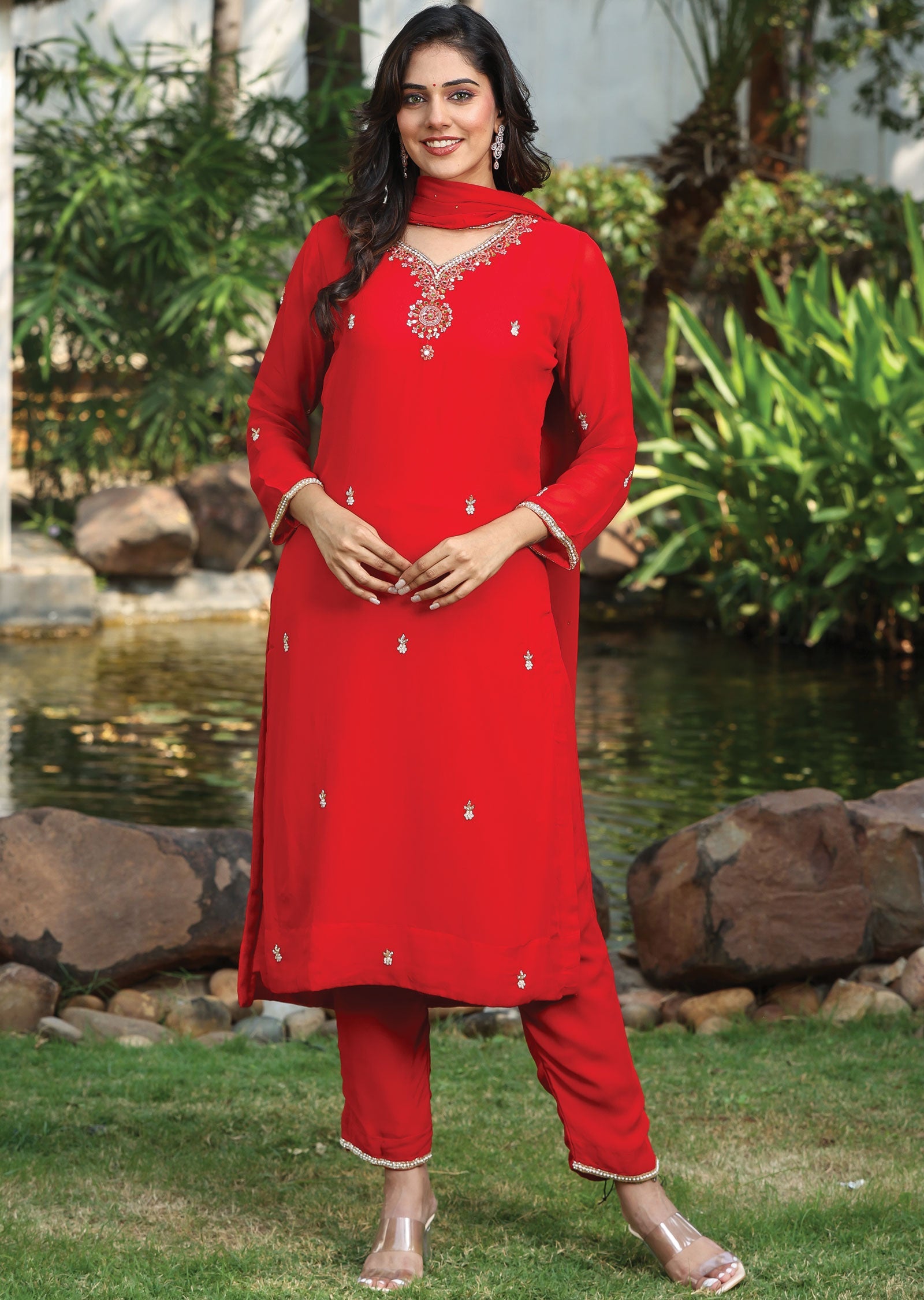 Red Georgette Straight Cut Suit