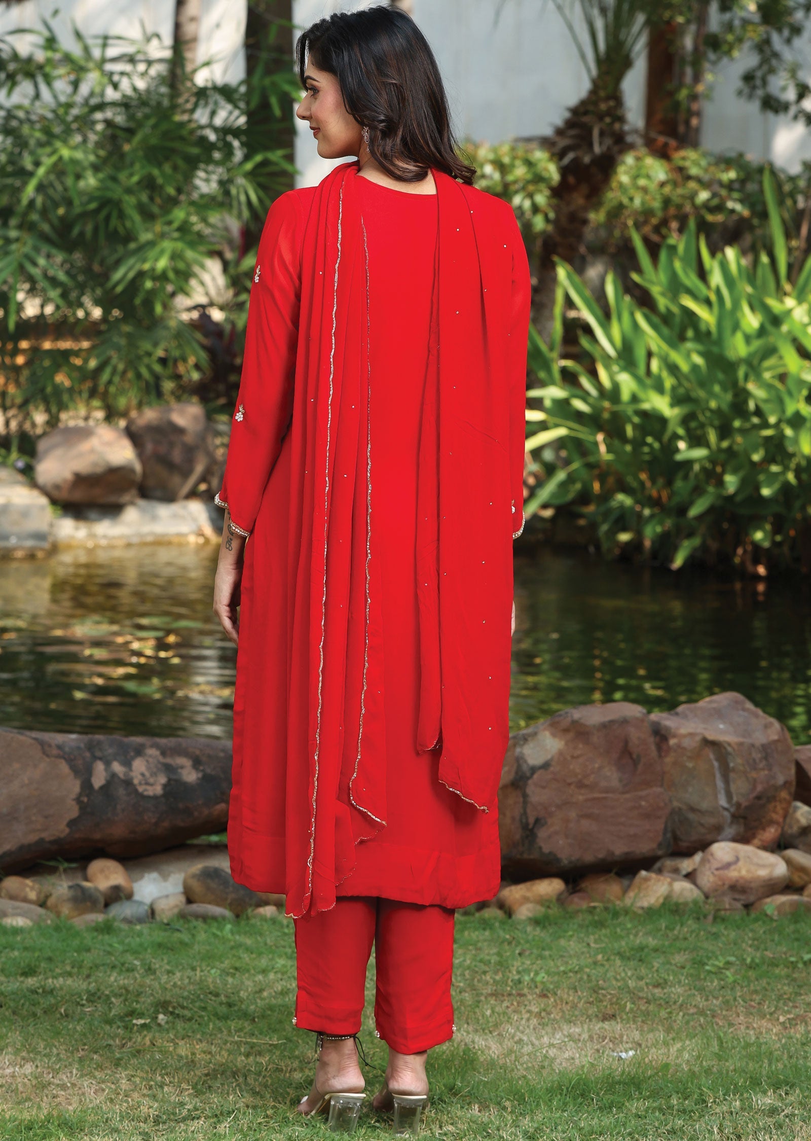 Red Georgette Straight Cut Suit