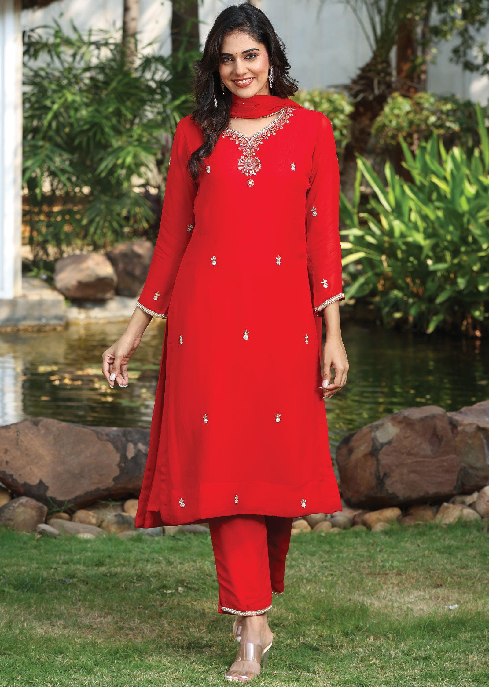 Red Georgette Straight Cut Suit