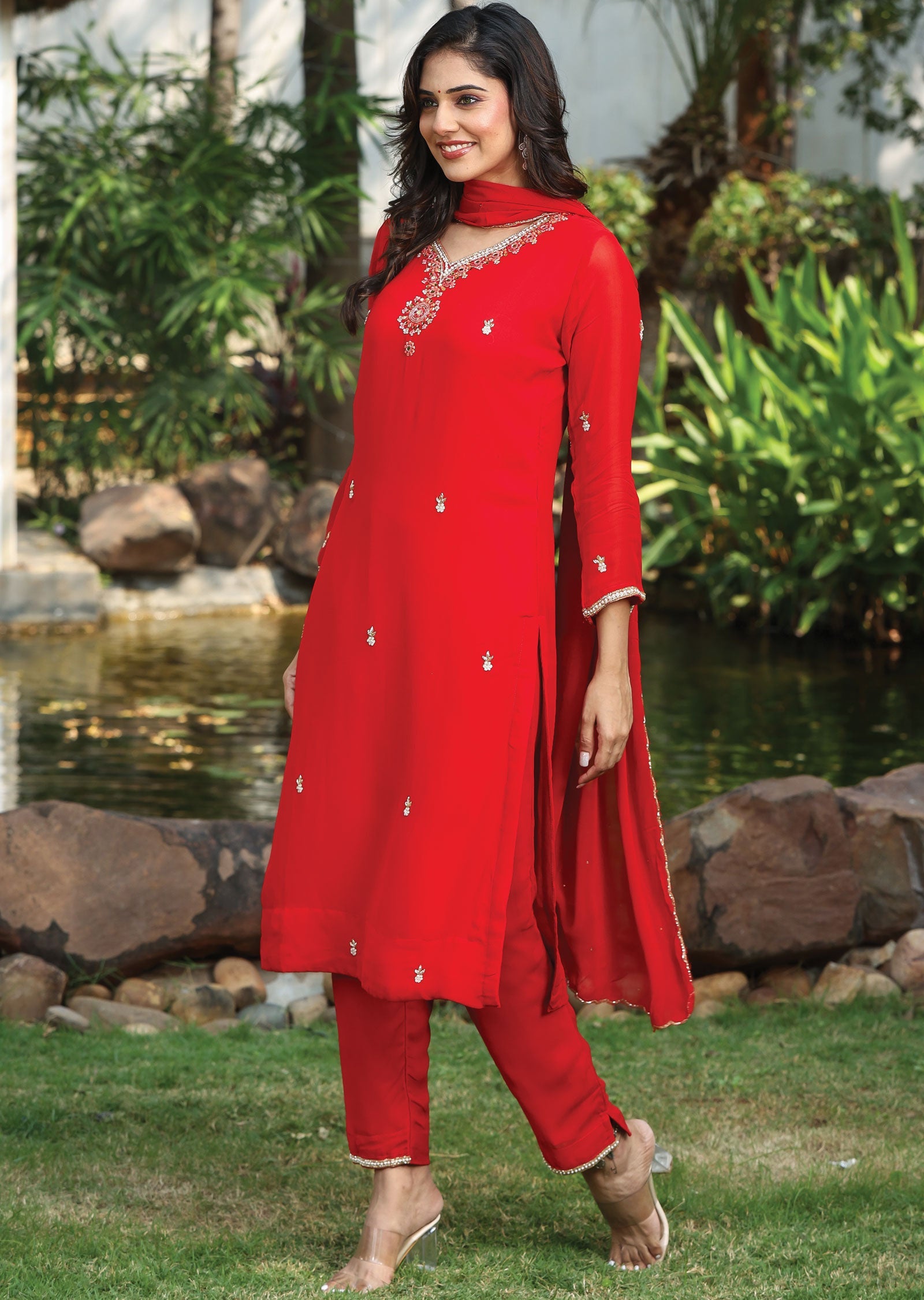 Red Georgette Straight Cut Suit