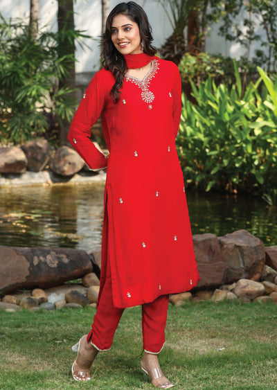 Red Georgette Straight Cut Suit