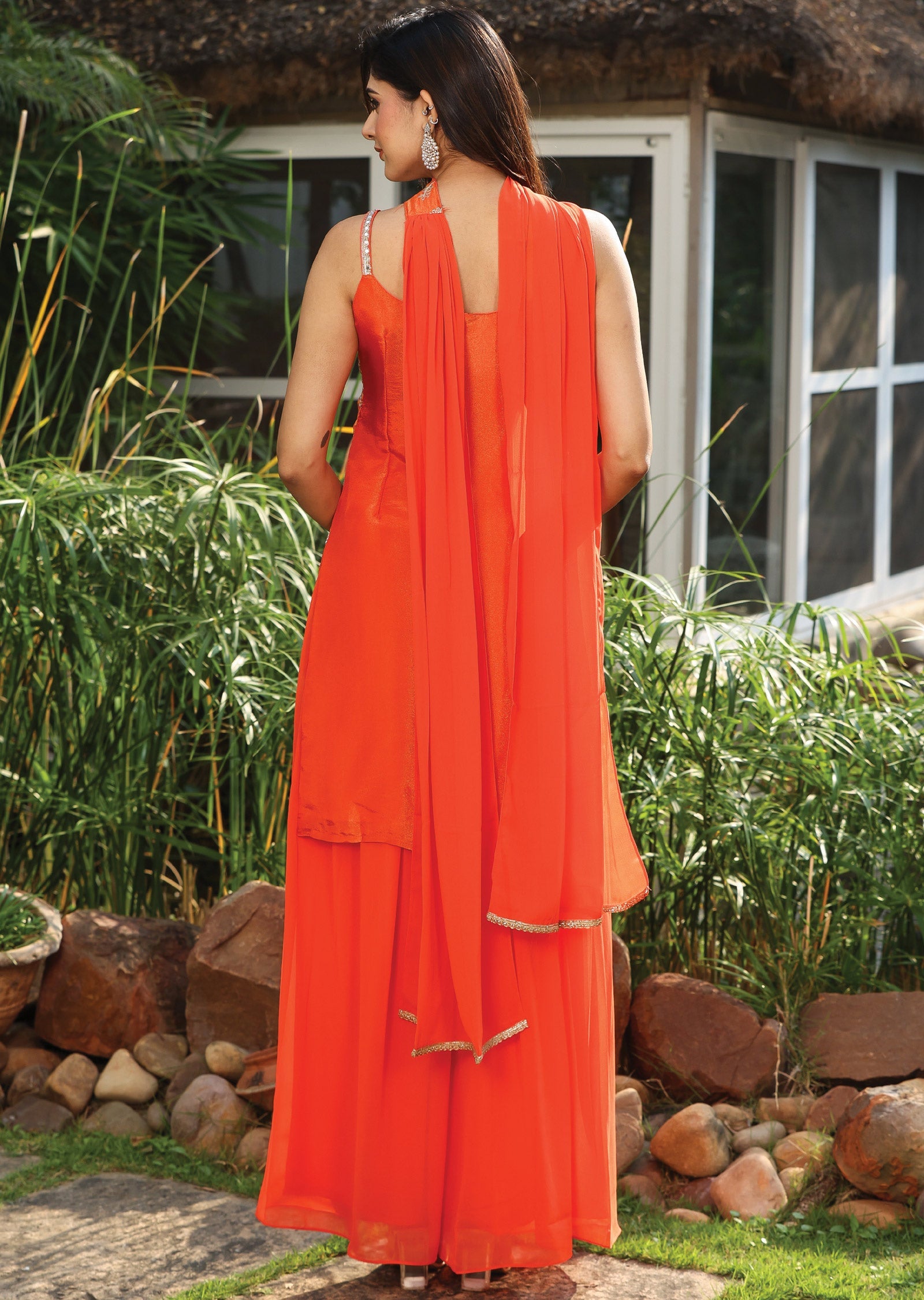 Orange Tissue Silk Straight Cut Suit