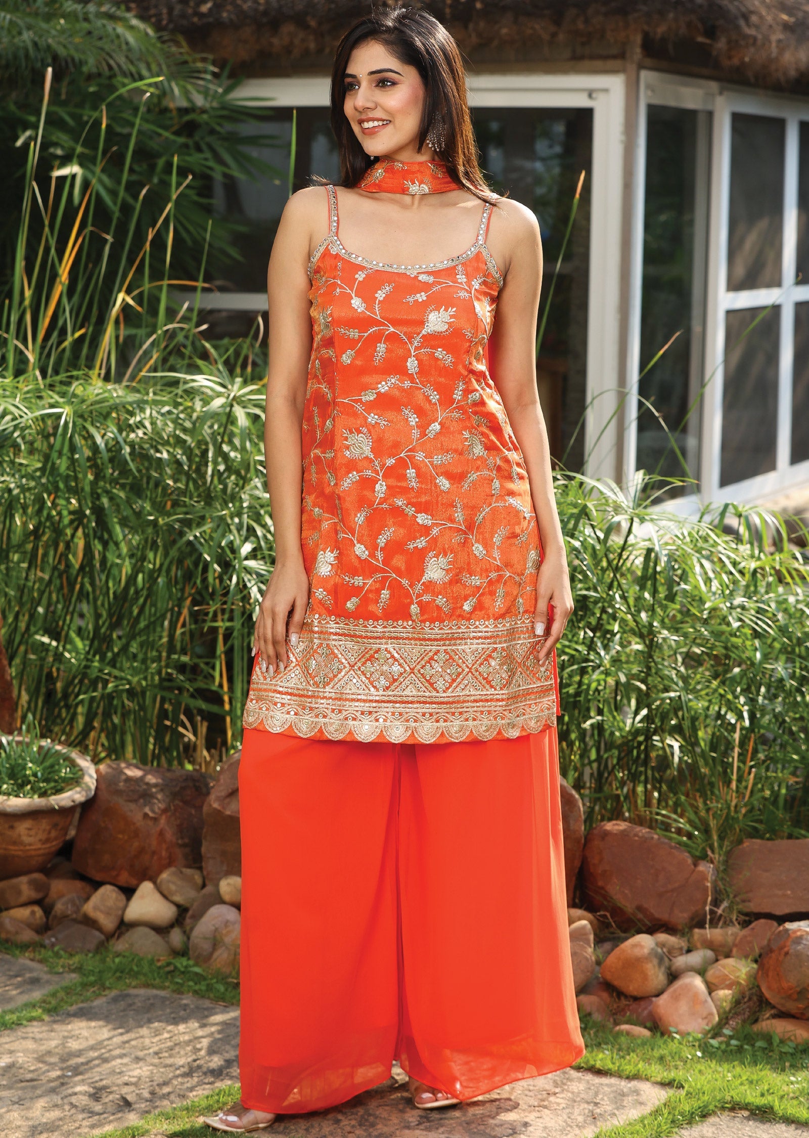 Orange Tissue Silk Straight Cut Suit