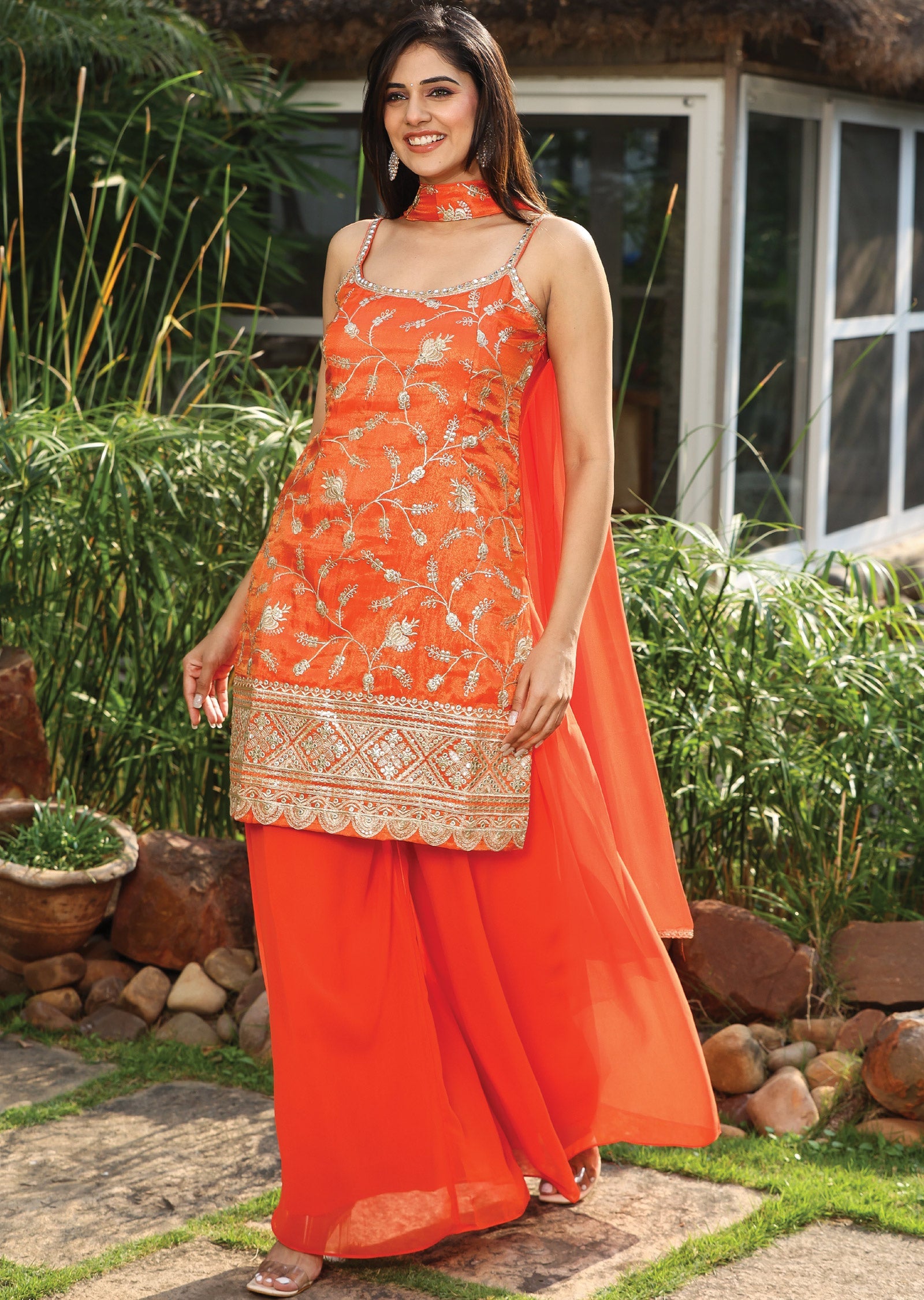 Orange Tissue Silk Straight Cut Suit