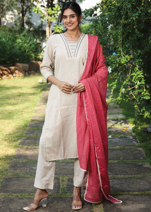 Beige Handloom Cotton Straight Cut Suit