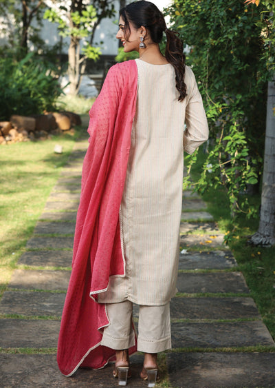 Beige Handloom Cotton Straight Cut Suit