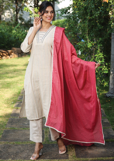 Beige Handloom Cotton Straight Cut Suit