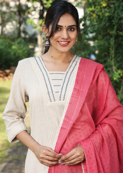 Beige Handloom Cotton Straight Cut Suit