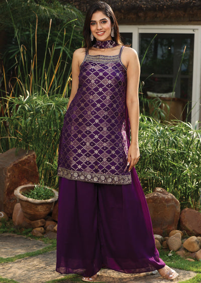 Purple Banaras Silk Straight Cut Suit