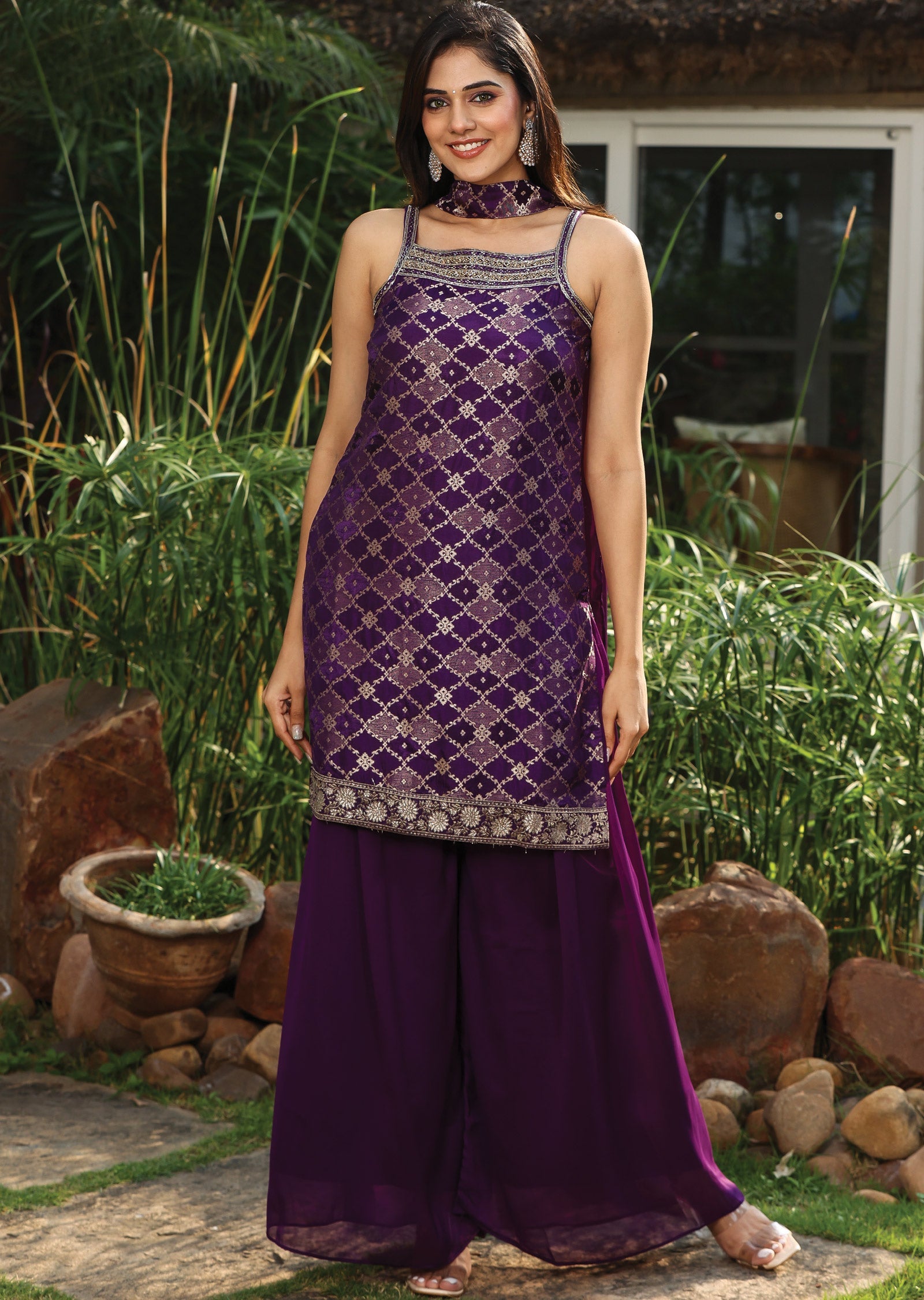 Purple Banaras Silk Straight Cut Suit