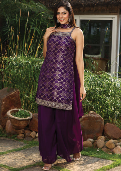 Purple Banaras Silk Straight Cut Suit