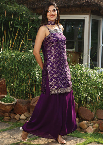 Purple Banaras Silk Straight Cut Suit