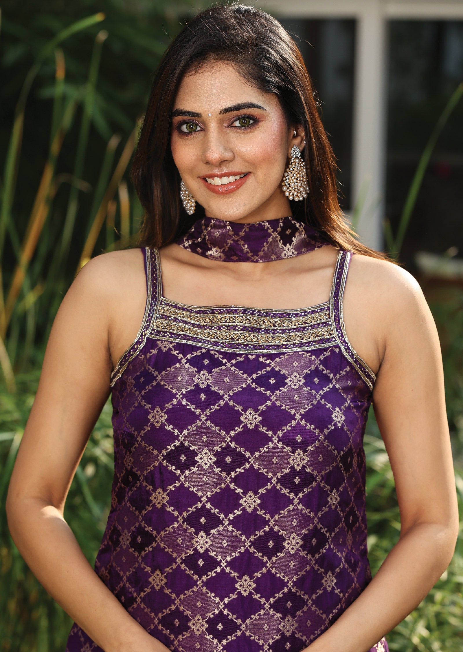 Purple Banaras Silk Straight Cut Suit