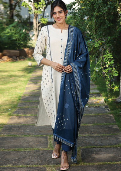 Beige Handloom Cotton Straight Cut Suit