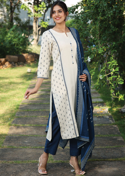 Beige Handloom Cotton Straight Cut Suit