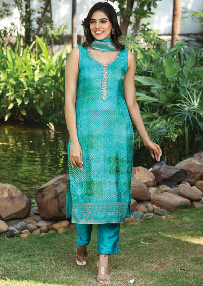 Rama Green Banaras Silk Straight Cut Suit