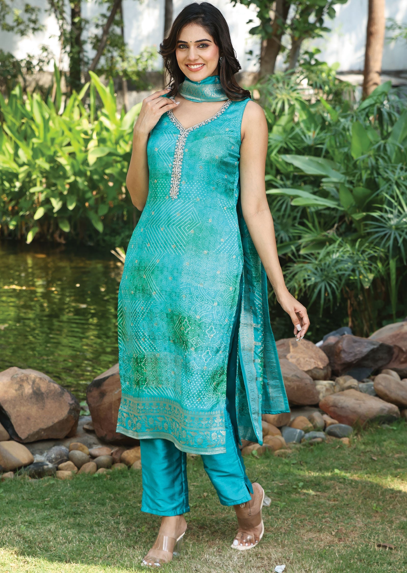 Rama Green Banaras Silk Straight Cut Suit