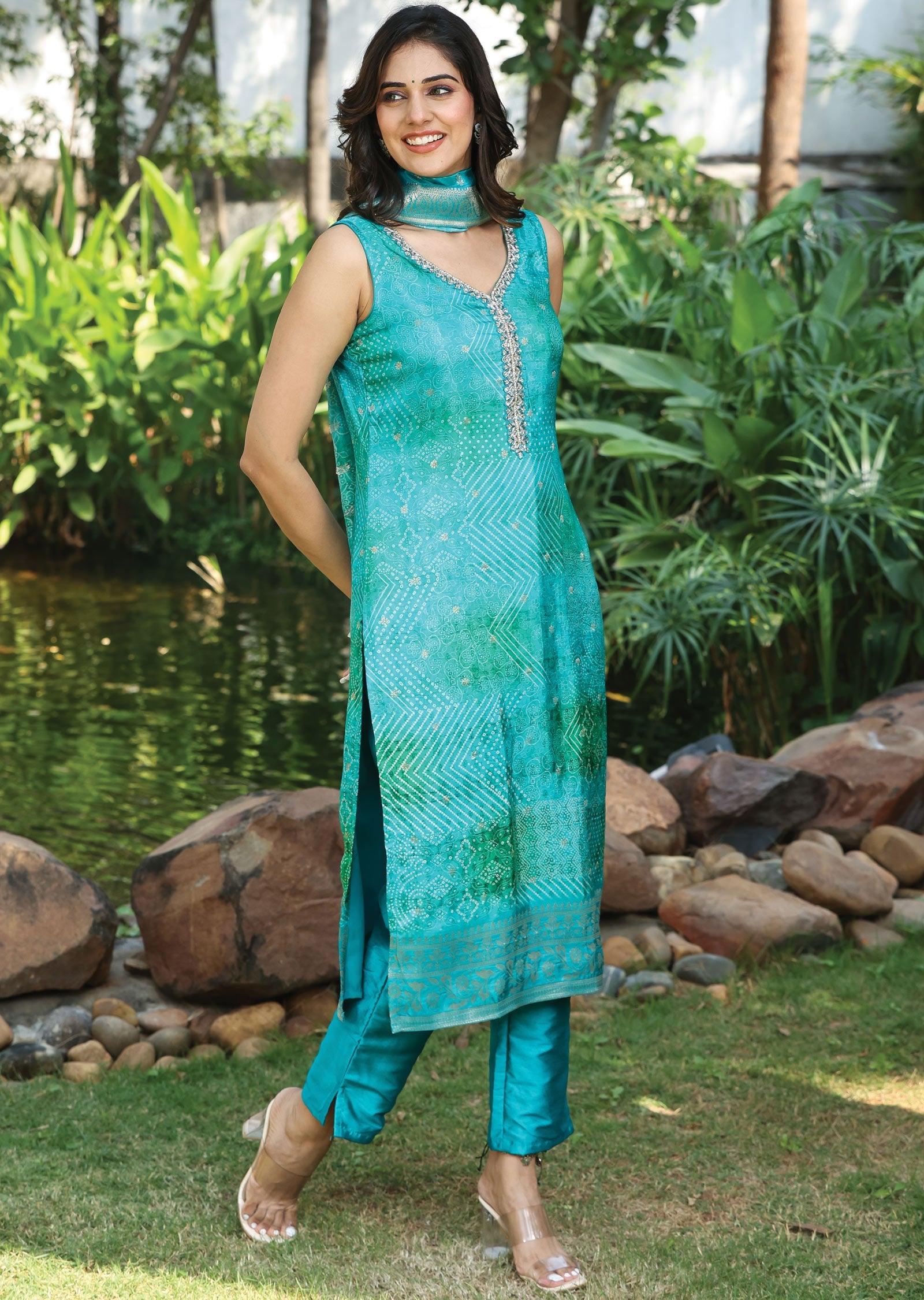 Rama Green Banaras Silk Straight Cut Suit