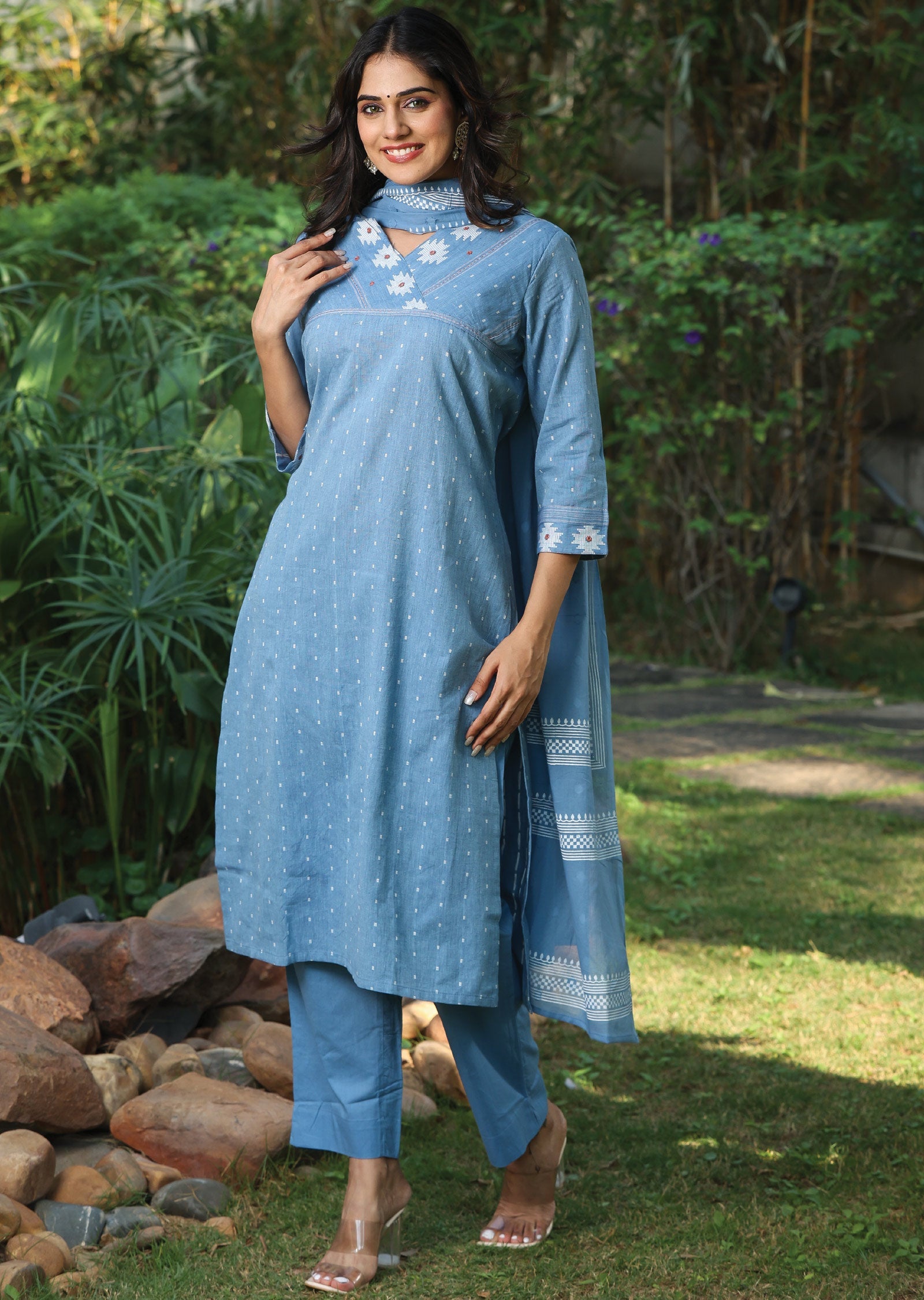 Light Blue Handloom Cotton Straight Cut Suit