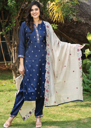 Navy Blue Tussar Silk Straight Cut Suit