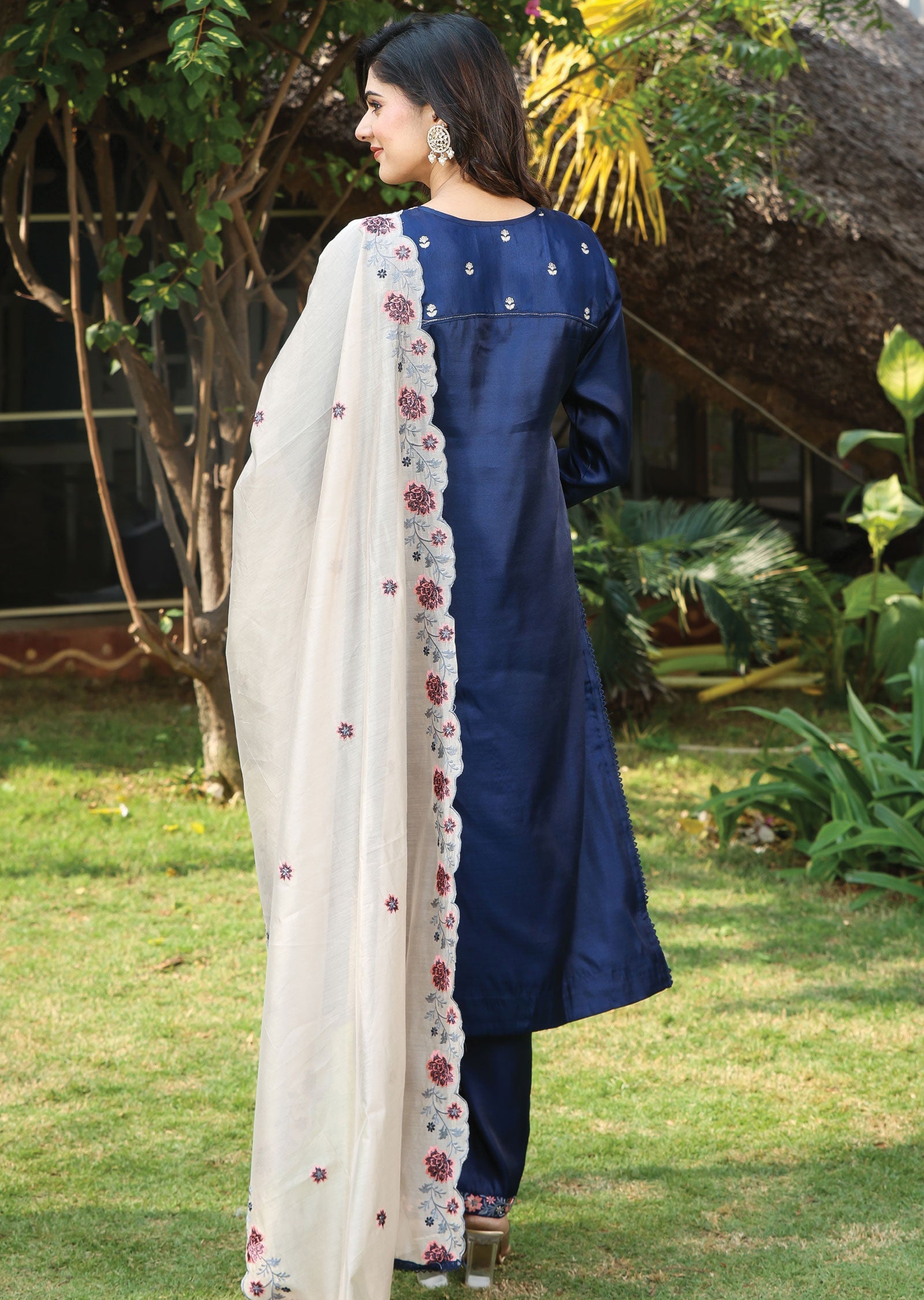 Navy Blue Tussar Silk Straight Cut Suit