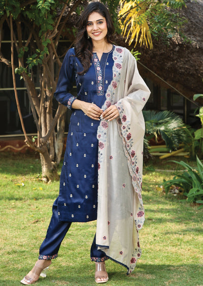 Navy Blue Tussar Silk Straight Cut Suit