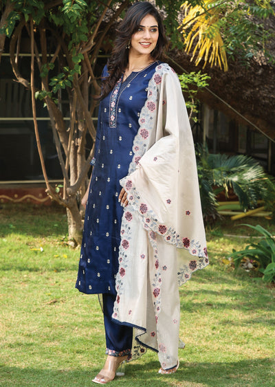 Navy Blue Tussar Silk Straight Cut Suit