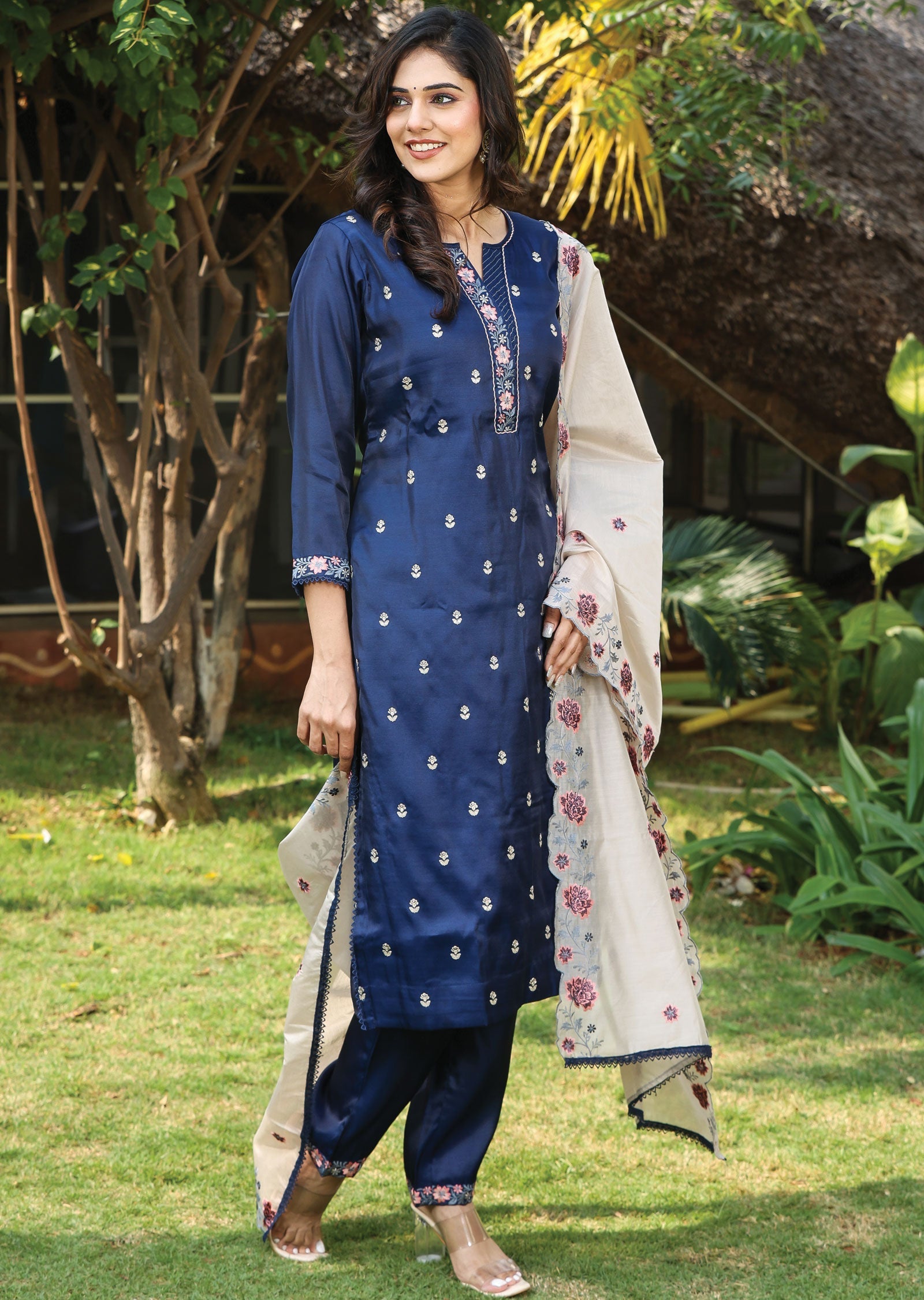 Navy Blue Tussar Silk Straight Cut Suit