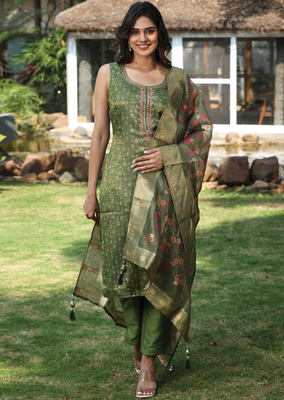 Olive Green Banaras Tissue Silk Straight Cut Suit