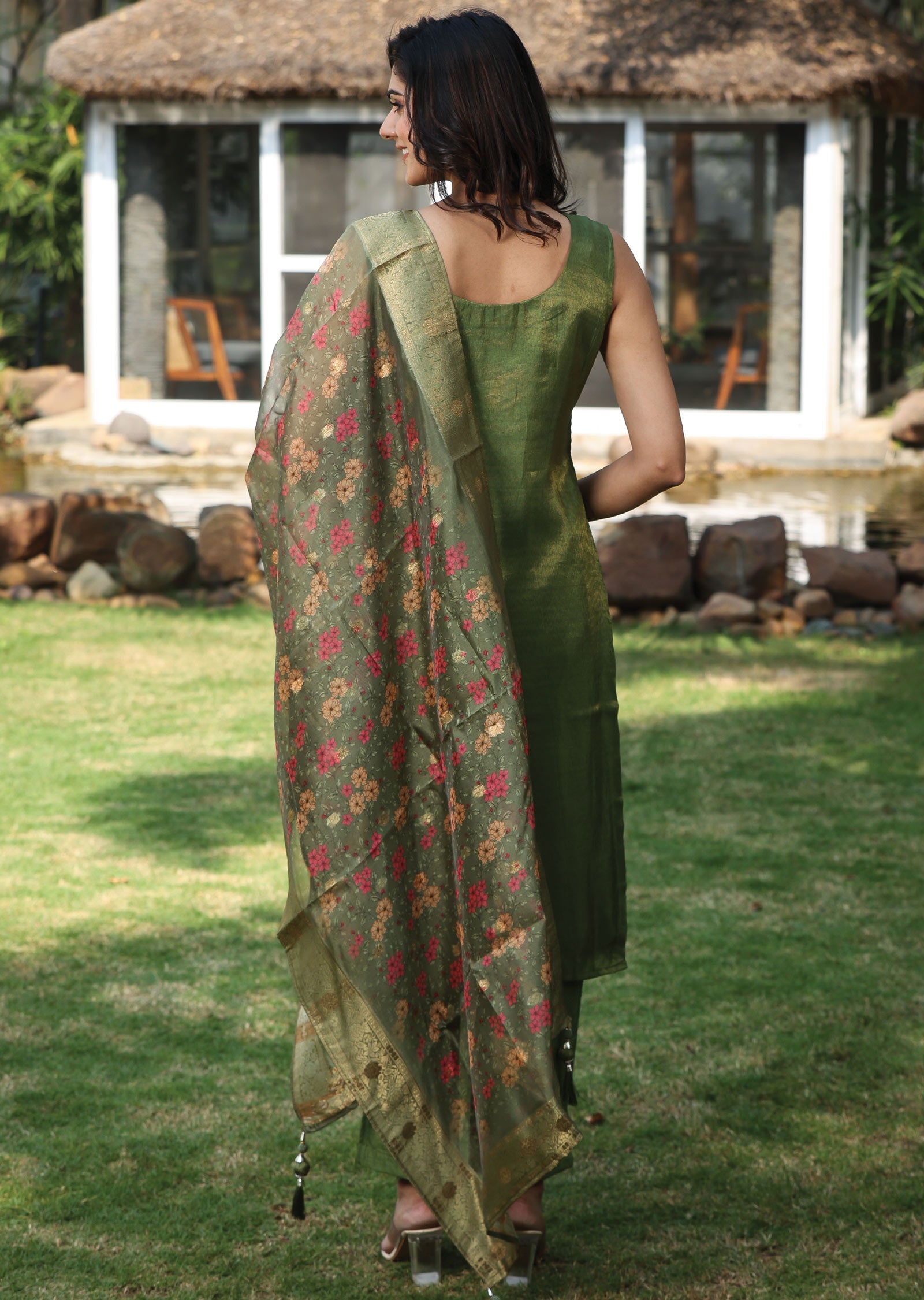 Olive Green Banaras Tissue Silk Straight Cut Suit