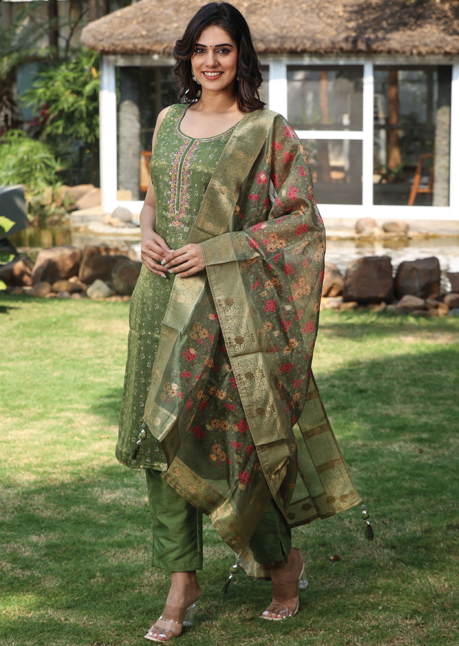 Olive Green Banaras Tissue Silk Straight Cut Suit