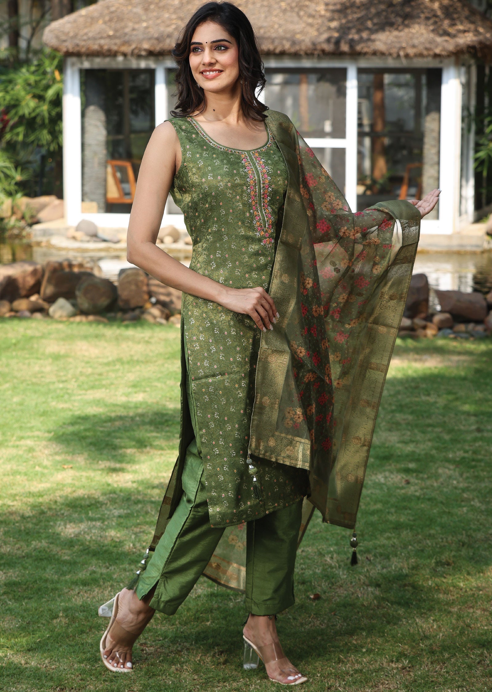 Olive Green Banaras Tissue Silk Straight Cut Suit